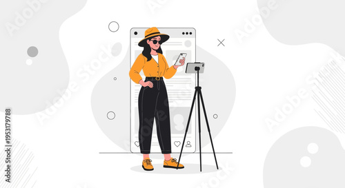 Blogger filming video on smartphone with tripod in front of social media screen