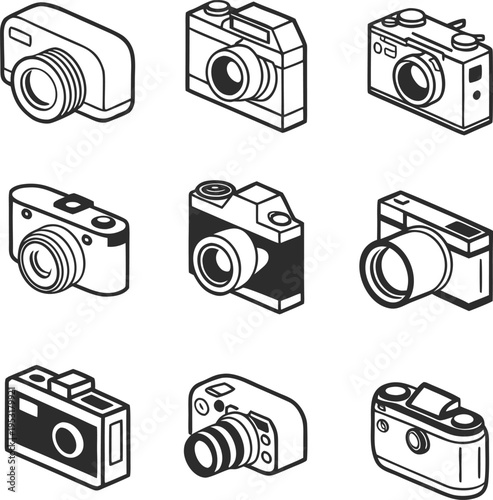 Set of 8 camera icons vector, black and white illustration
