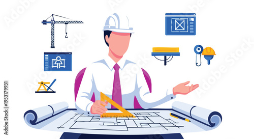 Engineer Architect. Professional Man. Flat Vector Illustration. Construction Planning Concept.