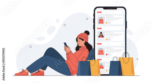 Woman Shopping Online on Phone with Shopping Bags and Large Smartphone Display