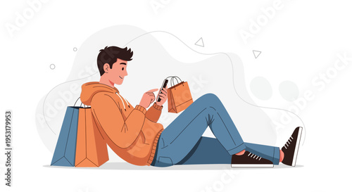Young man using smartphone with shopping bags, online shopping concept