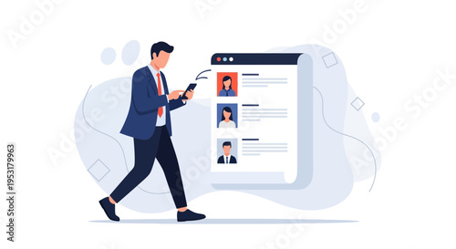 Man using smartphone to review employee profiles on a digital screen, business concept