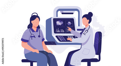 Medical consultation. Healthcare professionals. Flat illustration. Digital art. Medical diagnosis technology.