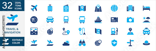 Travel and navigation icon set. Editable color. Containing icon symbol of airplane, airport, map, luggage, hotel, location pin, restaurant, car, taxi, train, harbor, beach, route, weather, ticket.