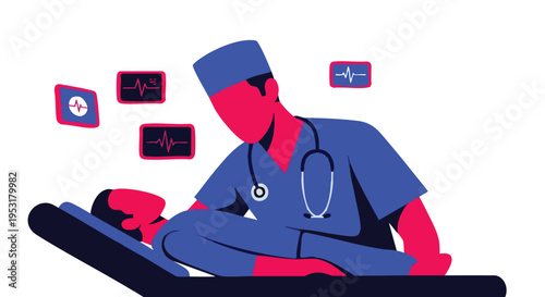 Doctor Patient Care Illustration. Medical Monitoring Concept. Flat Design Healthcare. Vital Signs.