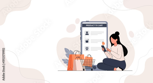 Woman Shopping Online Using Smartphone, Shopping Cart, Bags, and Product List on Screen