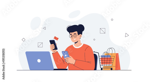 Man using smartphone and laptop for online shopping with shopping cart and bags