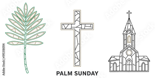 Palm Sunday vector icon sheet graphics palm leaf christian cross church building illustration religious holiday easter holy week lent faith worship design graphic commercial template