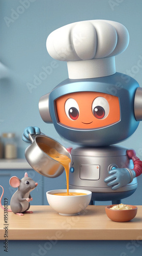 Toque-wearing machine pouring orange soup into bowl for small mouse. Innovative cooking assistant preparing meal in modern kitchen.