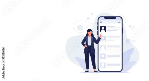 Woman interacting with a mobile app profile list on a smartphone screen