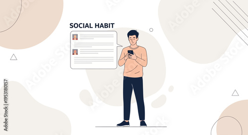 Young man using smartphone, social habit concept, illustration