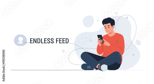 Young man sitting cross-legged, looking at his smartphone, endless feed concept