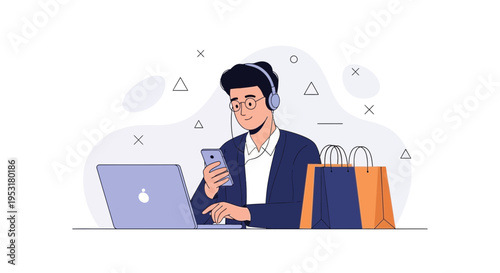 Man with headphones and phone working on laptop with shopping bags