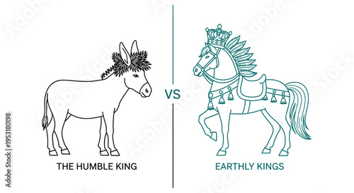Palm Sunday contrast humble donkey versus regal horse crown vector icon sheet symbolic illustration religious observance easter season line art holy week christian church template layout