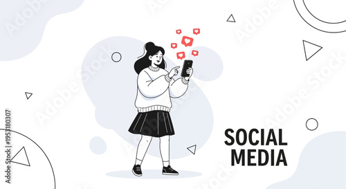 Young woman using smartphone with social media likes flying out, social media concept