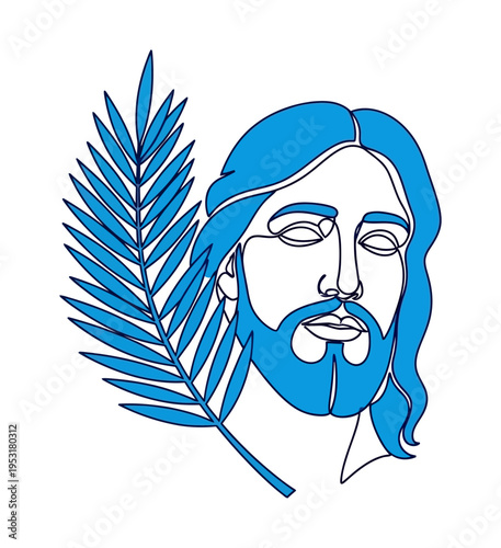 Palm Sunday portrait vector single icon Jesus Christ with palm leaf line art illustration religious artwork holy week spiritual symbolism faith devotion lent christian church template