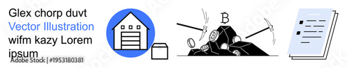 Business management, cryptocurrency, mining processes, blockchain technology, logistics, and data organization. Warehouse, cryptocurrency mining and document icons displayed. Business management