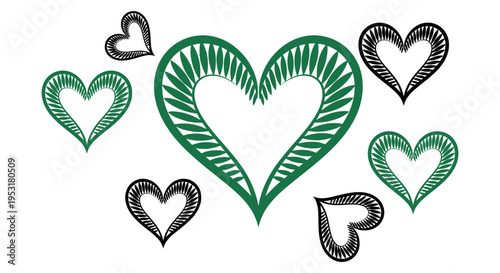 Heart collection vector icon sheet six green black line art details love affection valentine romantic greeting card easter spring graphic element commercial template