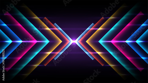 Neon chevron background with futuristic geometric lines and glowing light effects, high energy digital tunnel on a dark symmetric backdrop, modern technology gaming