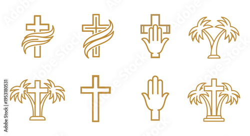 Golden Palm Sunday vector icon sheet crosses palm leaves elegant line art religious celebration easter graphic spiritual divine symbol holy week christian church template layout 