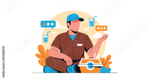 Delivery man. Customer feedback illustration. Online review concept. Flat vector graphic.