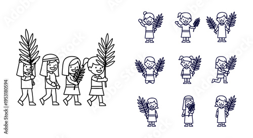 Palm Sunday line art vector children holding palm branches religious holiday illustration faith spring elegant kids easter holy week lent church graphic design clipart commercial layout