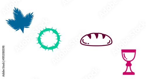 Palm Sunday religious symbol vector illustration icon sheet crown thorns bread chalice palm branch easter holy week lent christian faith church communion graphic element commercial