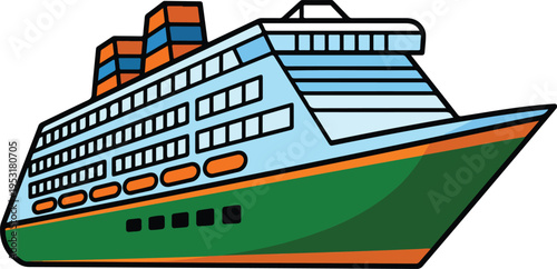 Cartoon cruise ship illustration in green and blue with orange accents minimalist flat vector design isolated on white