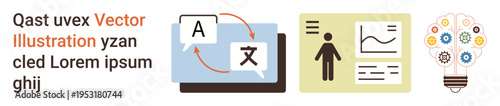 Language services, digital solutions, business growth, data insights, creative ideas, education. Features a laptop with translation icons, analytics data and a light bulb of gears. Language services