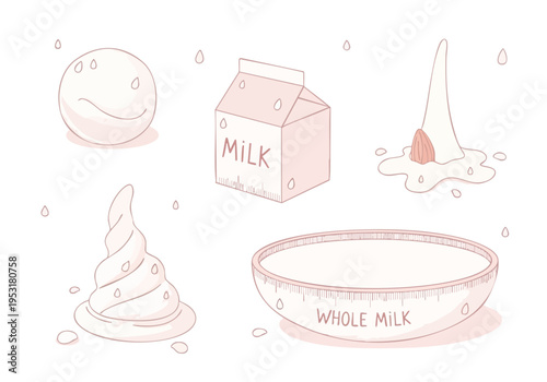 Milk products illustration. Dairy beverage collection. Minimalist fluid design. Creamy liquid concept.