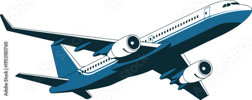 Minimalist passenger aircraft illustration in blue and white side view with twin engines modern aviation vector design