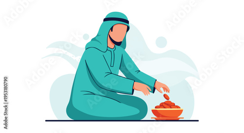 Muslim Man. Flat Illustration. Islamic Culture. Digital Art. Ramadan Iftar.