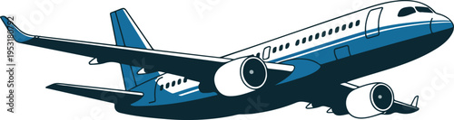 Minimalist passenger aircraft illustration in blue and white side view with twin engines modern aviation vector design