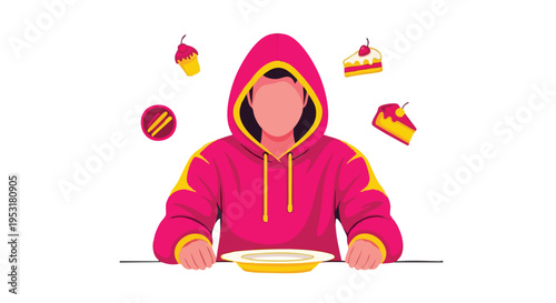 Person craving sweets. Flat vector illustration. Unhealthy eating concept, dessert addiction.