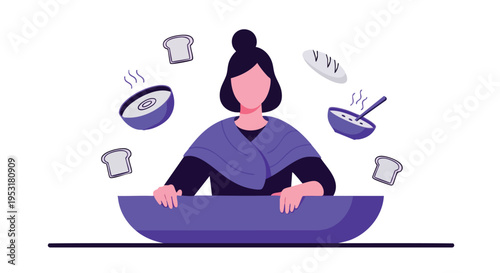Woman cooking illustration. Flat design chef preparing food. Minimalist vector art for culinary concepts.