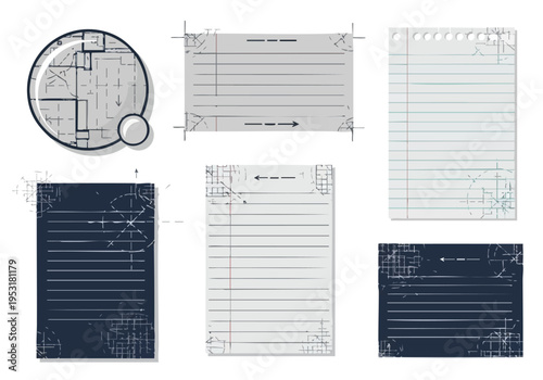 Distressed Paper Elements. Grunge Notes. Vintage Blueprint Frames. Textured Design Templates. Aged Overlays.