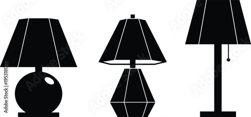 Black silhouette illustration featuring three distinct table lamp designs with round, geometric, and slender bases, wide lampshades, and modern interior lighting decor elements.