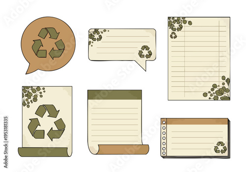 Eco-friendly Paper Notes. Recycling Symbol Elements. Vintage Design Assets. Rustic Paper Texture. Graphic Resources.
