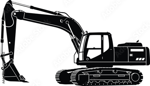 Black silhouette illustration of hydraulic excavator with tracked undercarriage, rotating cab, and articulated bucket arm, representing heavy construction machinery, mining equipment, ind