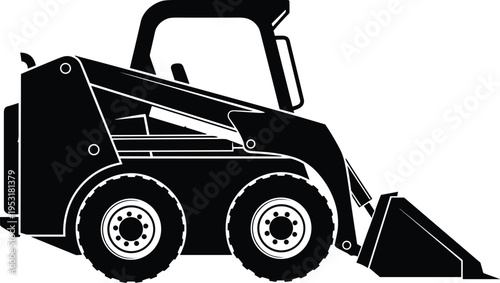Black silhouette illustration of skid steer loader with raised bucket arms, representing compact construction machinery, heavy equipment, landscaping vehicle, industrial design, and mate