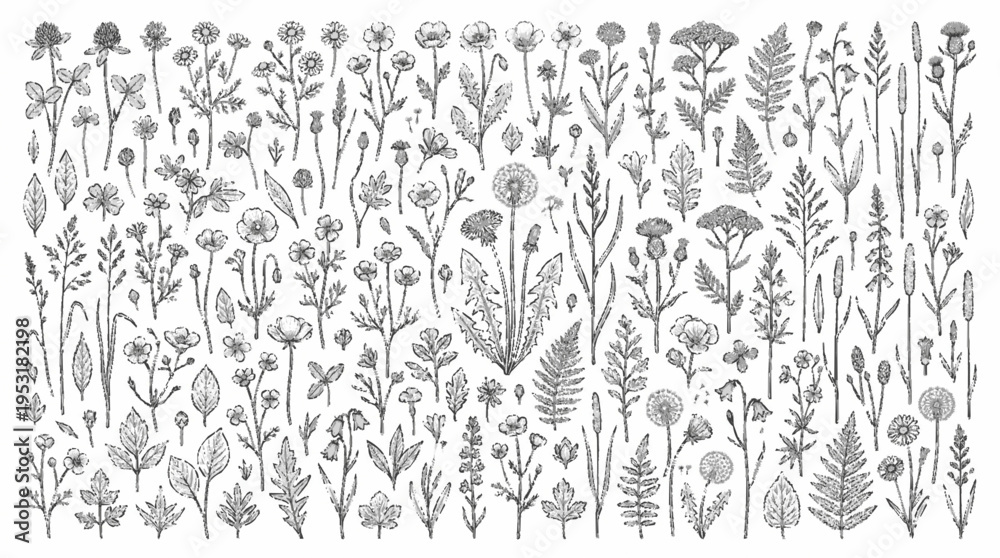 Fototapeta premium Detailed vector illustration of various wildflowers and foliage in a seamless pattern on white background