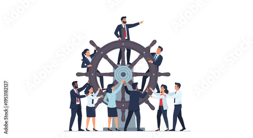 Vector illustration of business team working together around a ship wheel