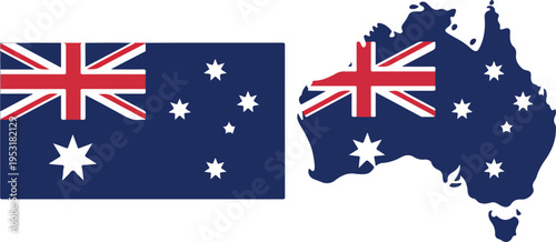 Australian flag and map silhouette illustration with Union Jack and stars in blue red white minimalist vector design