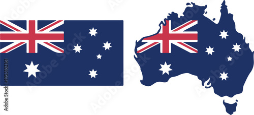Australian flag and map silhouette illustration with Union Jack and stars in blue red white minimalist vector design
