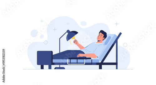 Patient in hospital bed adjusting lamp, illustration