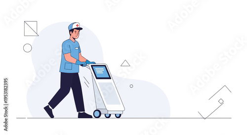 Delivery man pushing a cart with a screen, healthcare concept
