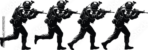 Silhouette soldiers advancing forward with rifles, helmets, backpacks, and tactical gear, military illustration representing combat readiness, battlefield discipline, armed forces defen