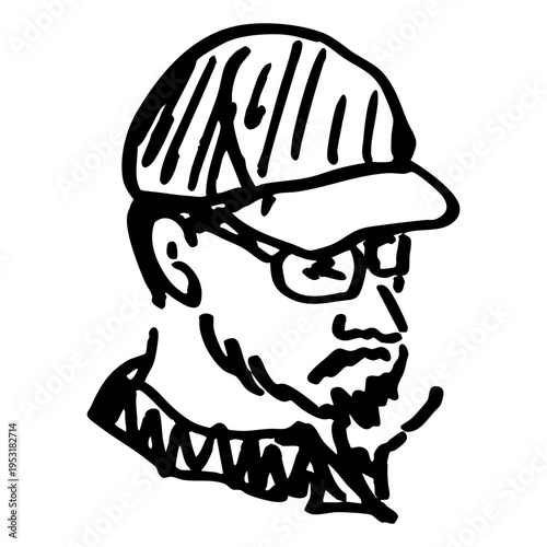 Head of a bearded young man wearing glasses and baseball cap. Hand drawn linear doodle rough sketch. Black and white silhouette.