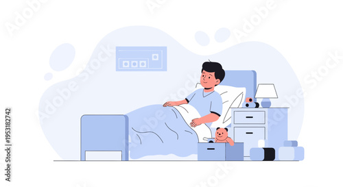 Sad boy in hospital bed with teddy bear, feeling lonely and sick