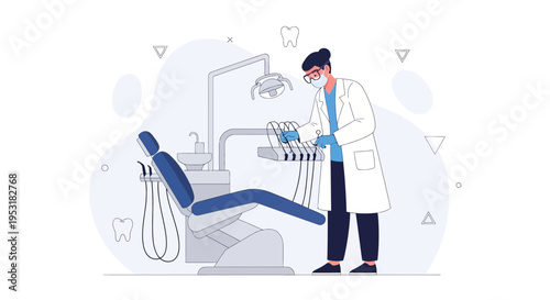 Dentist in uniform examining dental equipment near chair, modern clinic illustration
